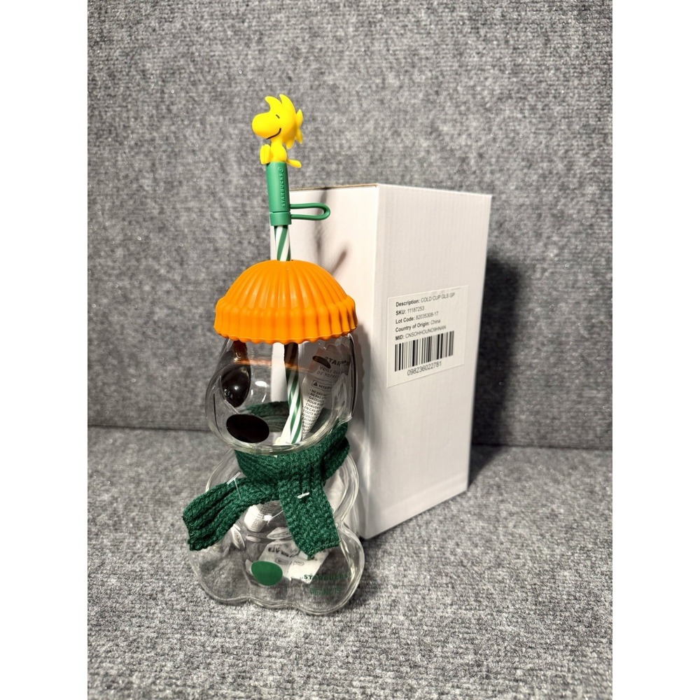 Starbucks Peanuts Snoopy Glass Cup Woodstock Straw Topper Orange Lid 20oz NEW